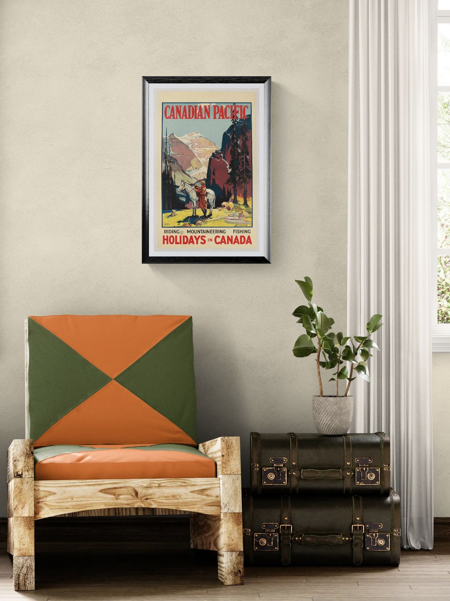 Framed vintage-style travel poster on a wall above a colorful chair with a suitcase and plant.