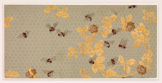 High quality Giclée reproduction of Candace Wheeler's 1881 "Bees Pattern," vintage American Arts and Crafts textile design with honeycomb and ivy motifs.