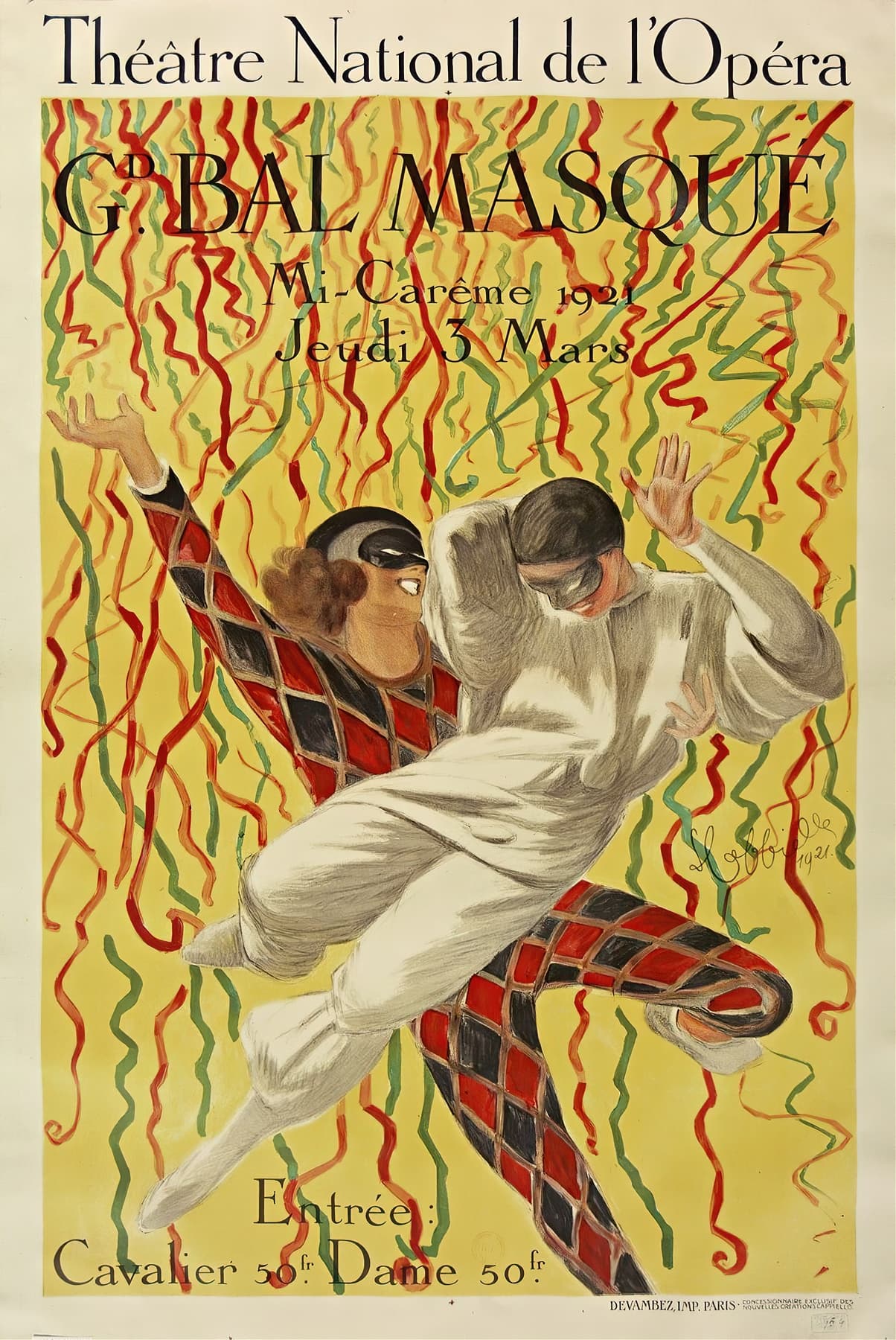 High-quality Giclée reproduction of Leonetto Cappiello's "Grand Bal Masqué" poster, featuring two masked dancers (Harlequin and Pierrot) against a yellow background with streamers, Art Deco style.