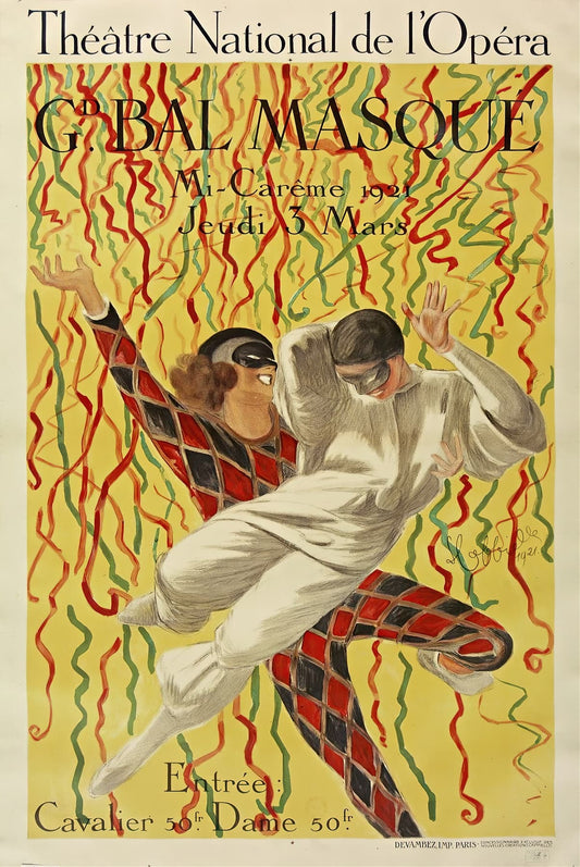 High-quality Giclée reproduction of Leonetto Cappiello's "Grand Bal Masqué" poster, featuring two masked dancers (Harlequin and Pierrot) against a yellow background with streamers, Art Deco style.