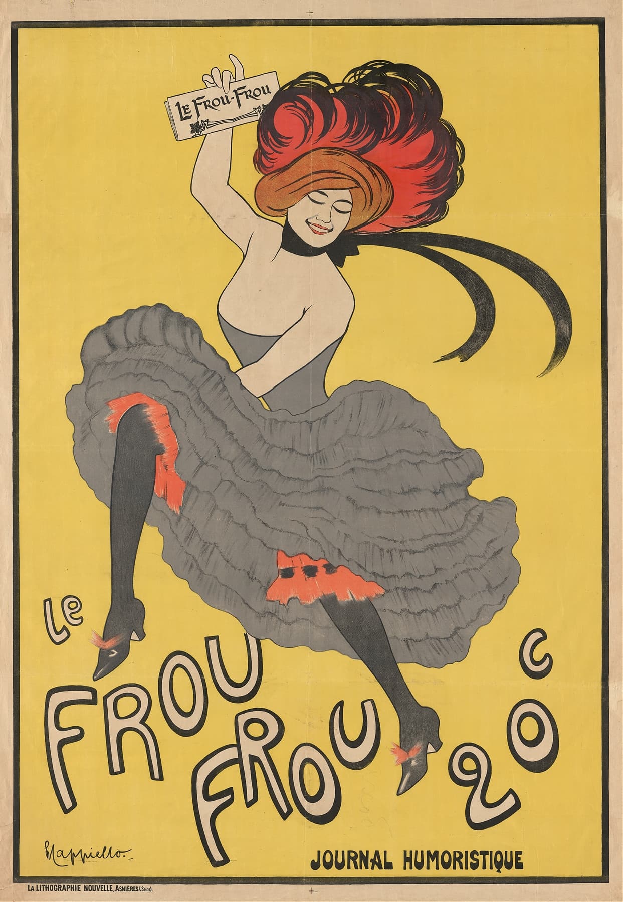 High-quality Giclée reproduction of Leonetto Cappiello's Le Frou Frou poster, featuring a woman in a can-can pose holding the magazine, against a yellow background, Belle Époque style.