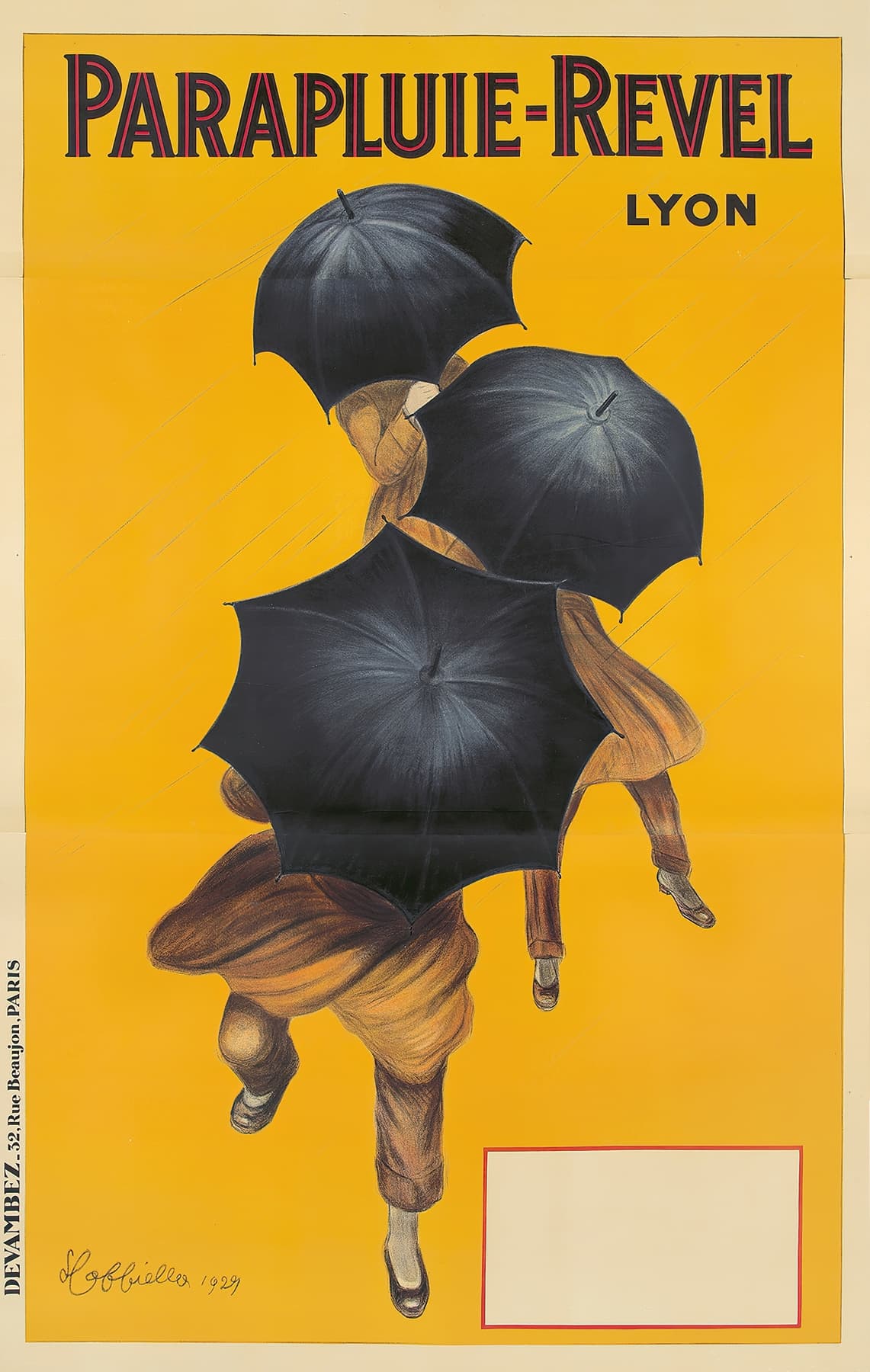 High-quality Giclée reproduction of Leonetto Cappiello's 1929 Parapluie-Revel poster, featuring multiple running figures holding black umbrellas against a bright yellow background, Art Deco style.