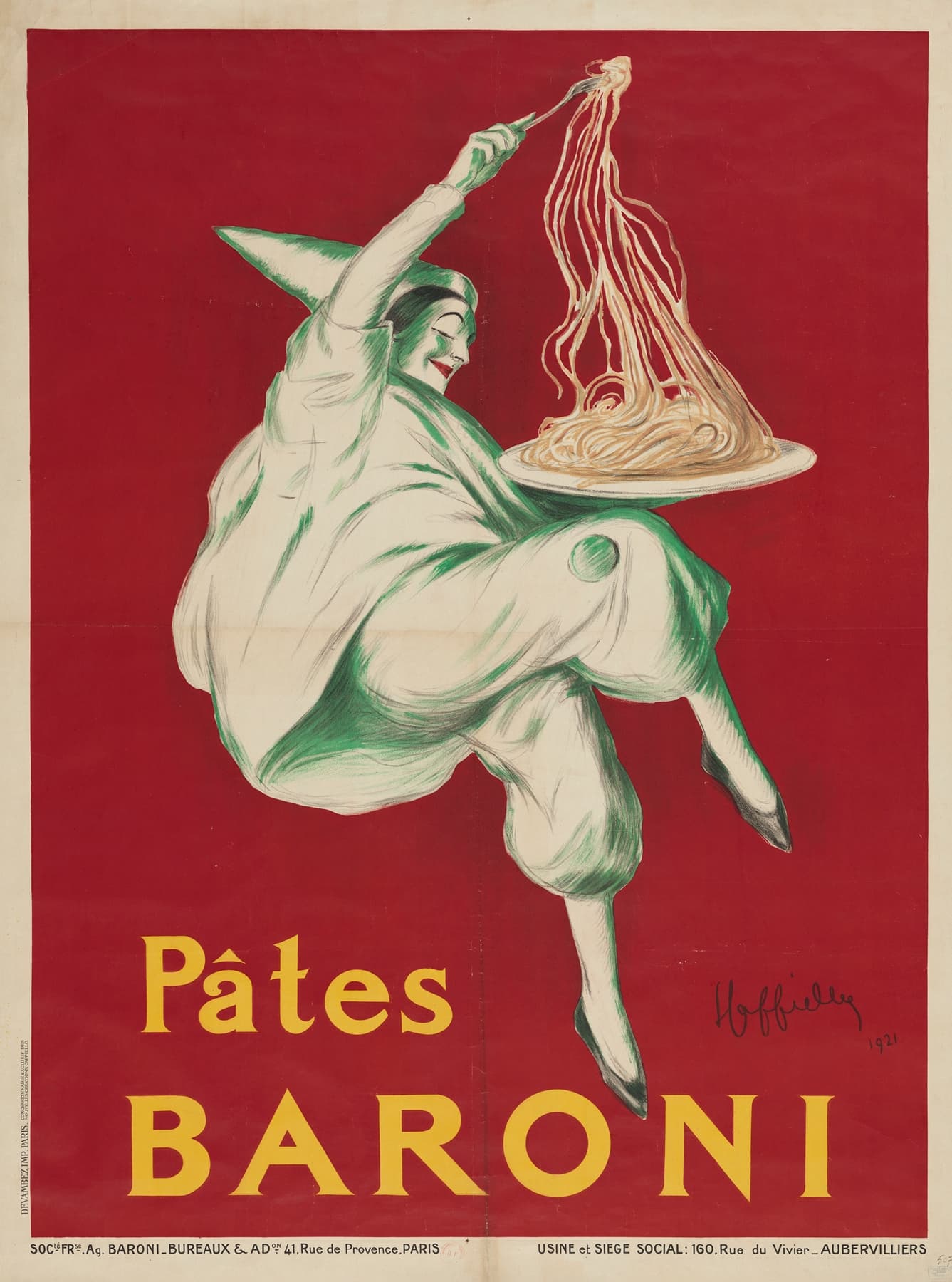High-quality Giclée reproduction of the Pâtes Baroni poster by Leonetto Cappiello, featuring a Pierrot figure on a red background holding a plate of pasta, vintage French advertising.