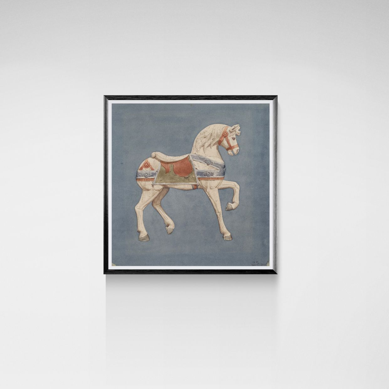 Framed artwork of a stylized horse on a gray background