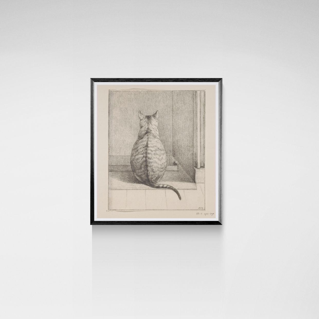 Framed artwork of a cat sitting on a windowsill against a white wall.