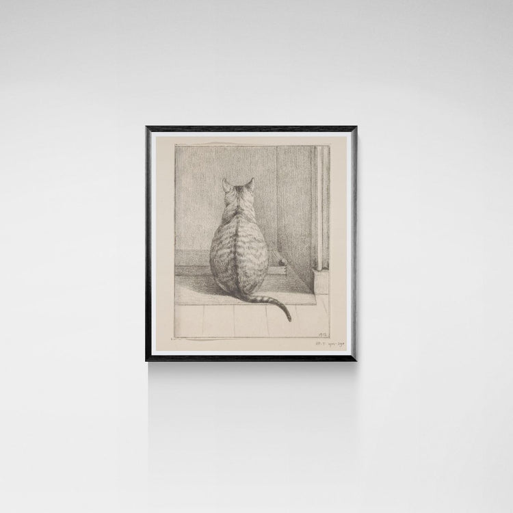 Framed artwork of a cat sitting on a windowsill against a white wall.