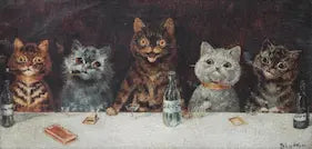 Five cats sitting at a table with various items, including bottles and a book, on a dark background.