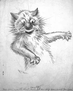 Black and white illustration of a cartoon cat, sitting on a white background.