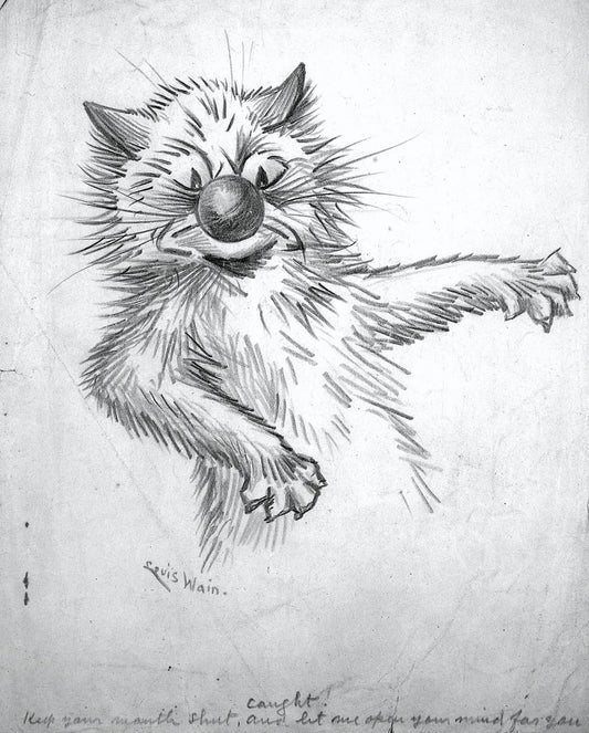 Black and white illustration of a cat with a ball of yarn, signed 'Louis Wain'.
