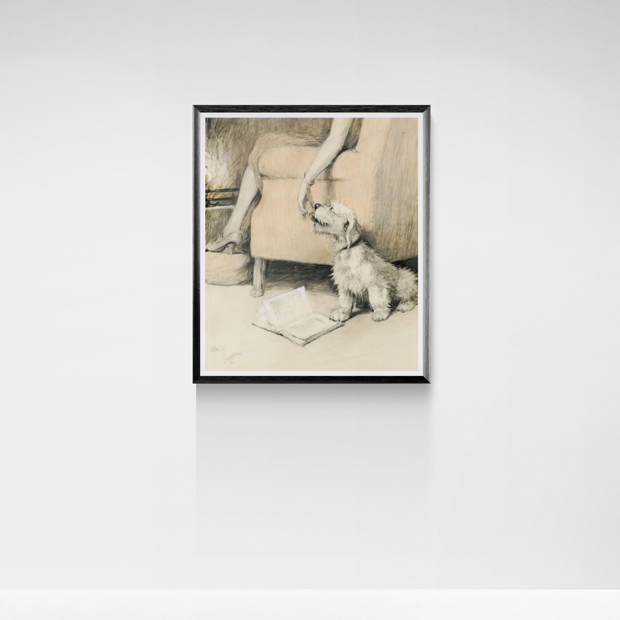 Framed artwork of a dog and a person sitting on a chair with a newspaper.