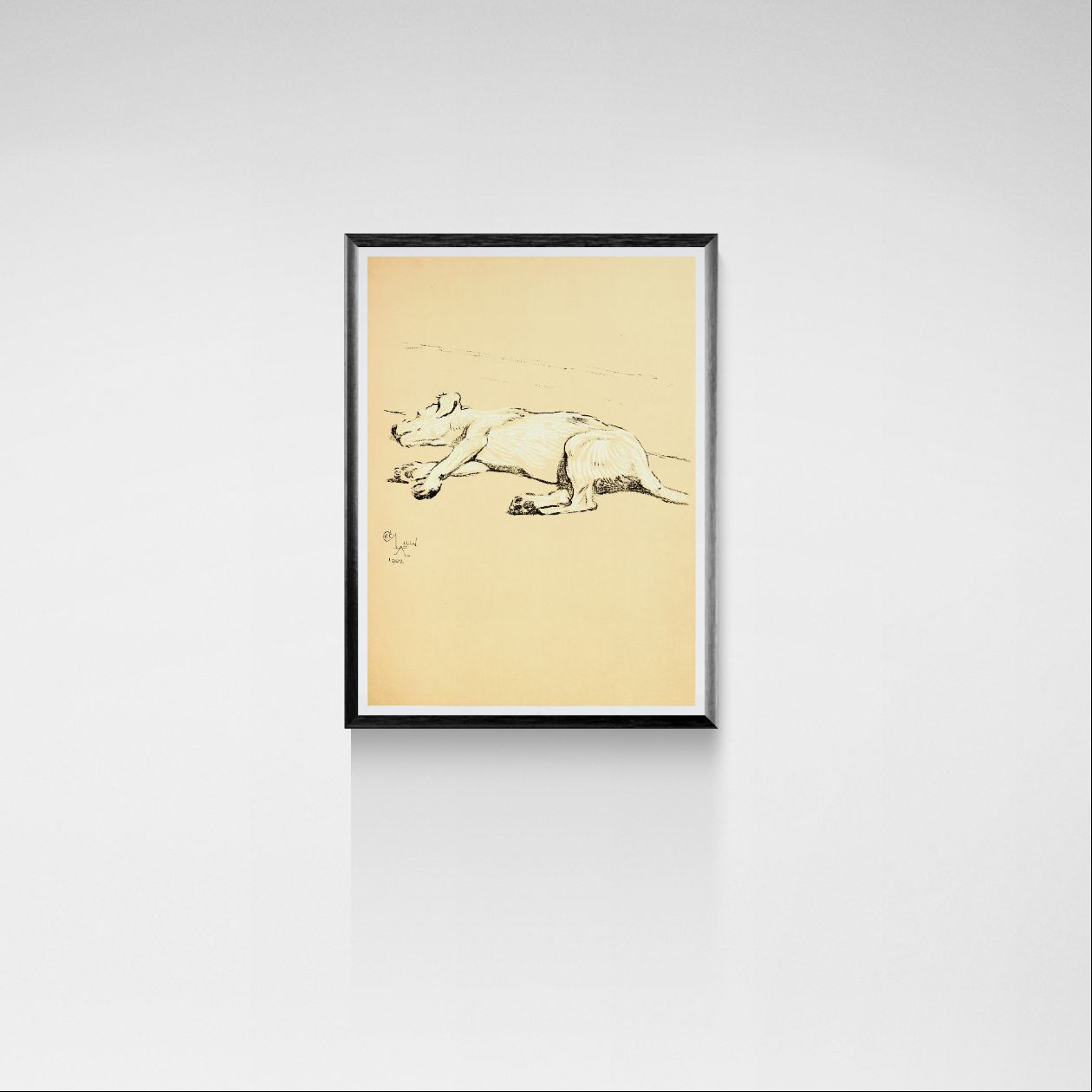 Framed artwork of a dog on a beige background, displayed on a white wall.
