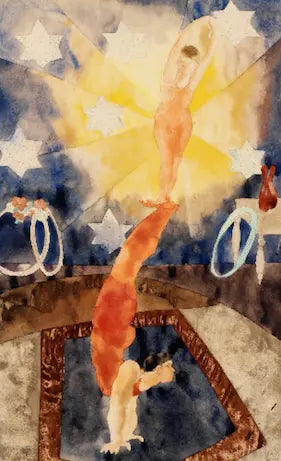 High-quality Giclée reproduction of Charles Demuth's watercolor painting showing two acrobatic figures in a spotlight against a starry background, holding a pose above a reflective floor, vintage 1900s modernist art.