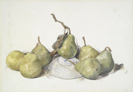 Museum-quality Giclée reproduction of Charles Demuth's 1920s Precisionist watercolor still life, featuring a cluster of green and yellow pears clustered around an overturned white bowl. Ideal for modern kitchen or dining room decor.