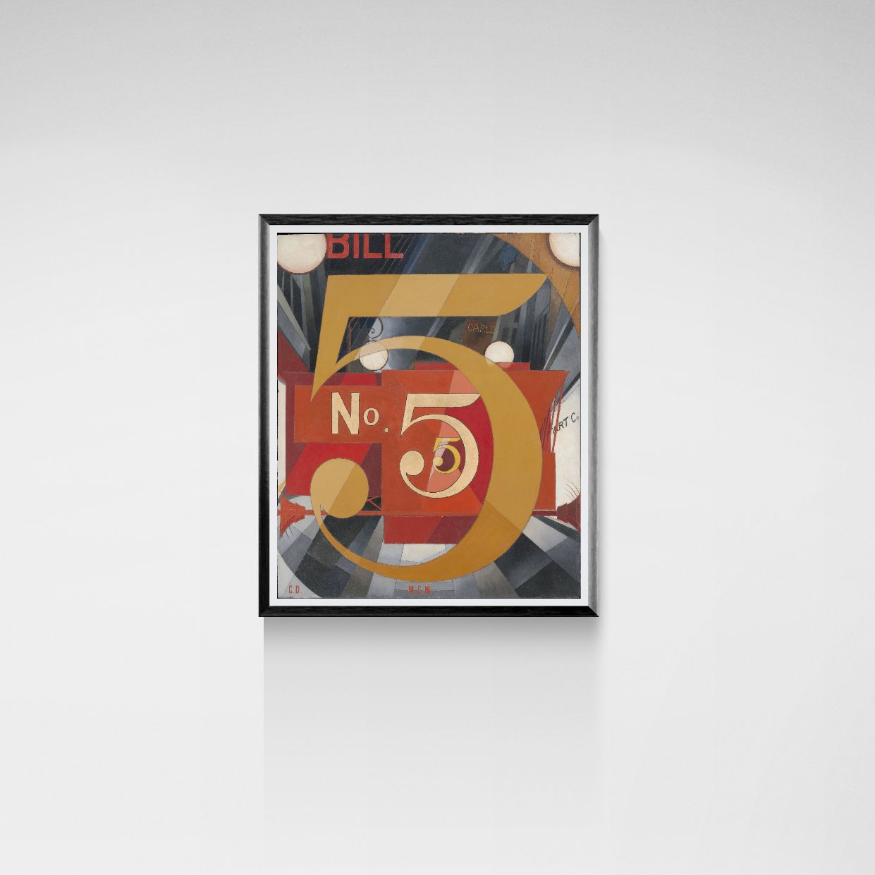 Framed artwork with a large number '5' and text on a white background