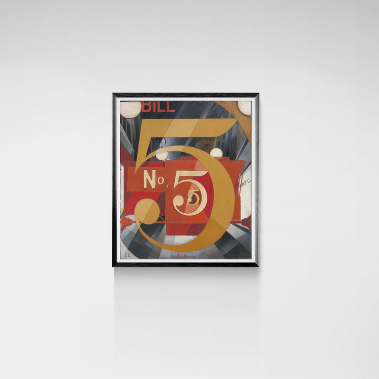Framed artwork with a large number '5' and text on a white background