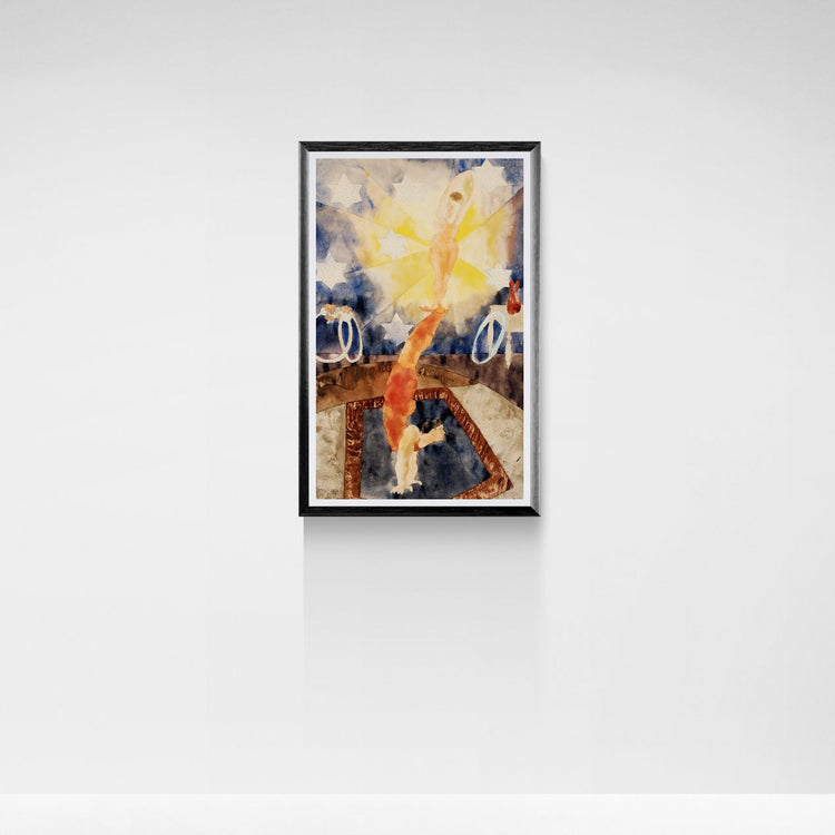 Framed abstract circus painting on a white wall