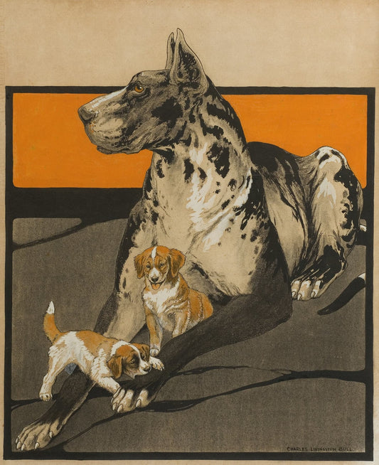Museum-quality Giclée reproduction of Charles Livingston Bull's 1920s Art Deco illustration, featuring a large, stylized Harlequin Great Dane resting with two small puppies, set against a graphic orange and black background. Ideal for vintage dog art collectors.