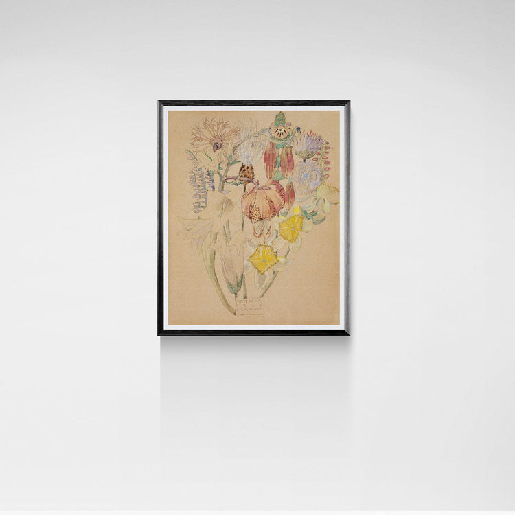 Framed Charles Rennie Mackintosh artwork of stylized flowers on a beige background