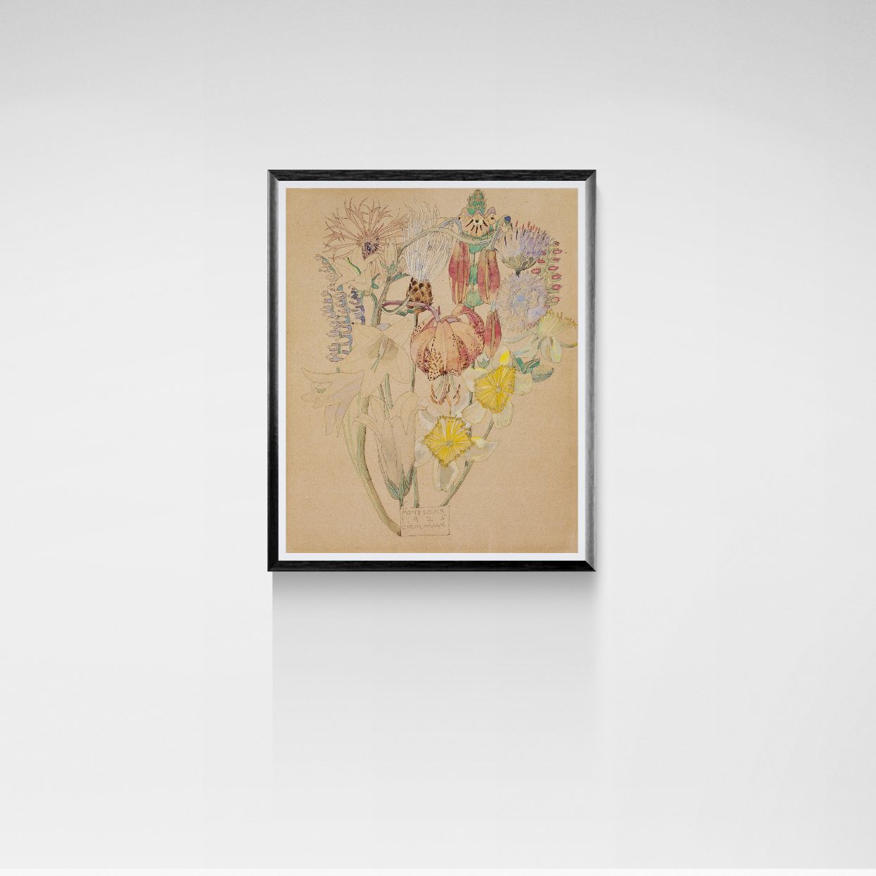 Framed Charles Rennie Mackintosh artwork of stylized flowers on a beige background