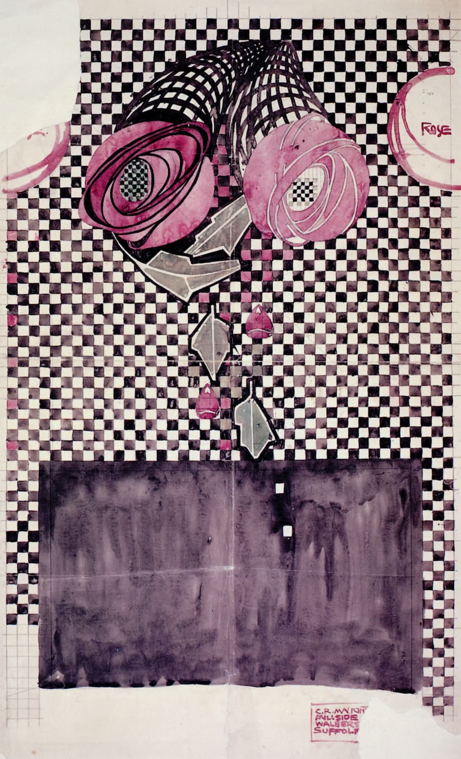 High quality Giclée reproduction of Charles Rennie Mackintosh's 1914 watercolor/ink study "The Rose and the Check," featuring stylized pink roses against a black and white checkered grid.