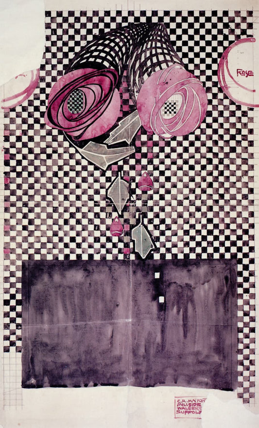 High quality Giclée reproduction of Charles Rennie Mackintosh's 1914 watercolor/ink study "The Rose and the Check," featuring stylized pink roses against a black and white checkered grid.