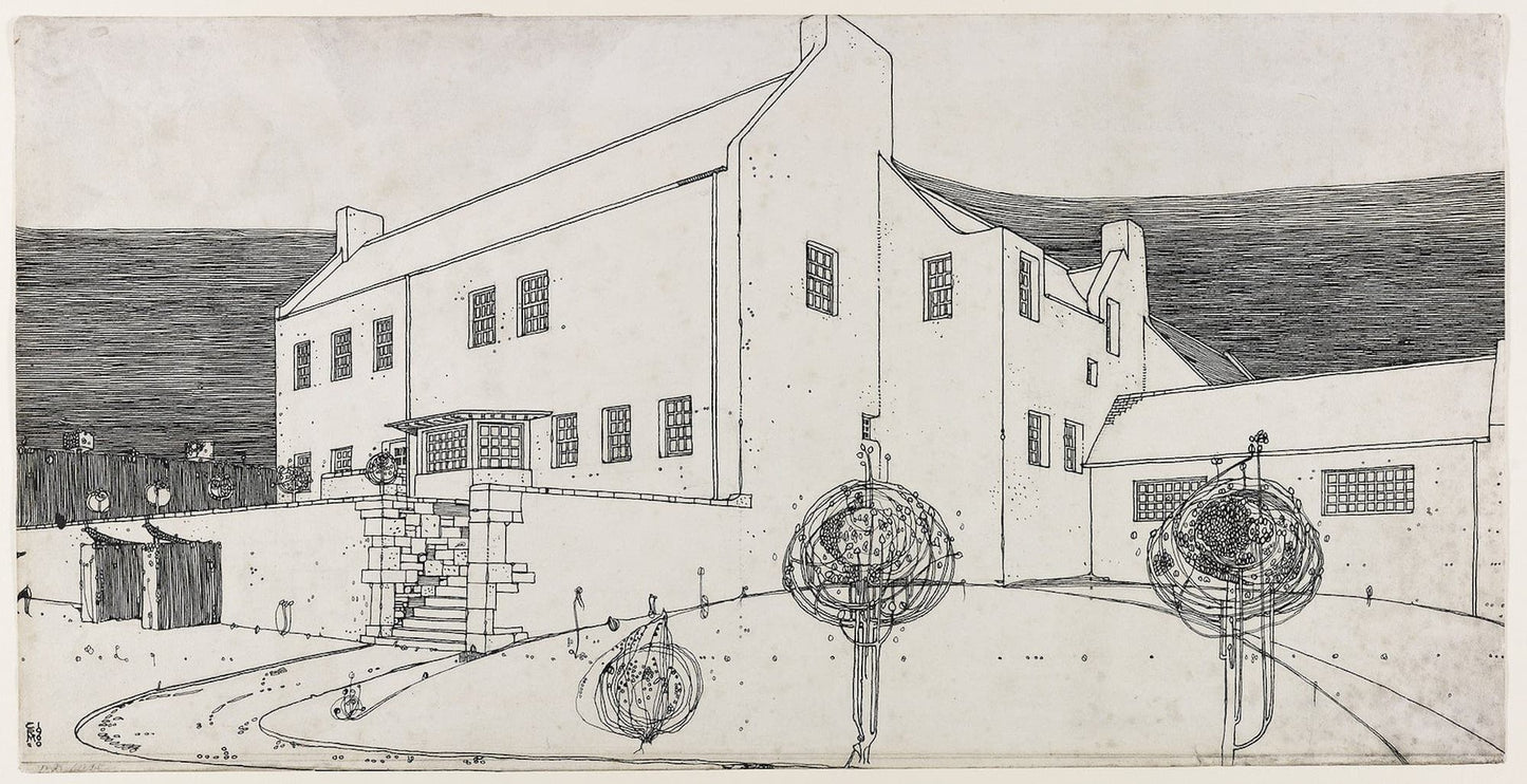 Black and white line drawing of a building with circular designs in front