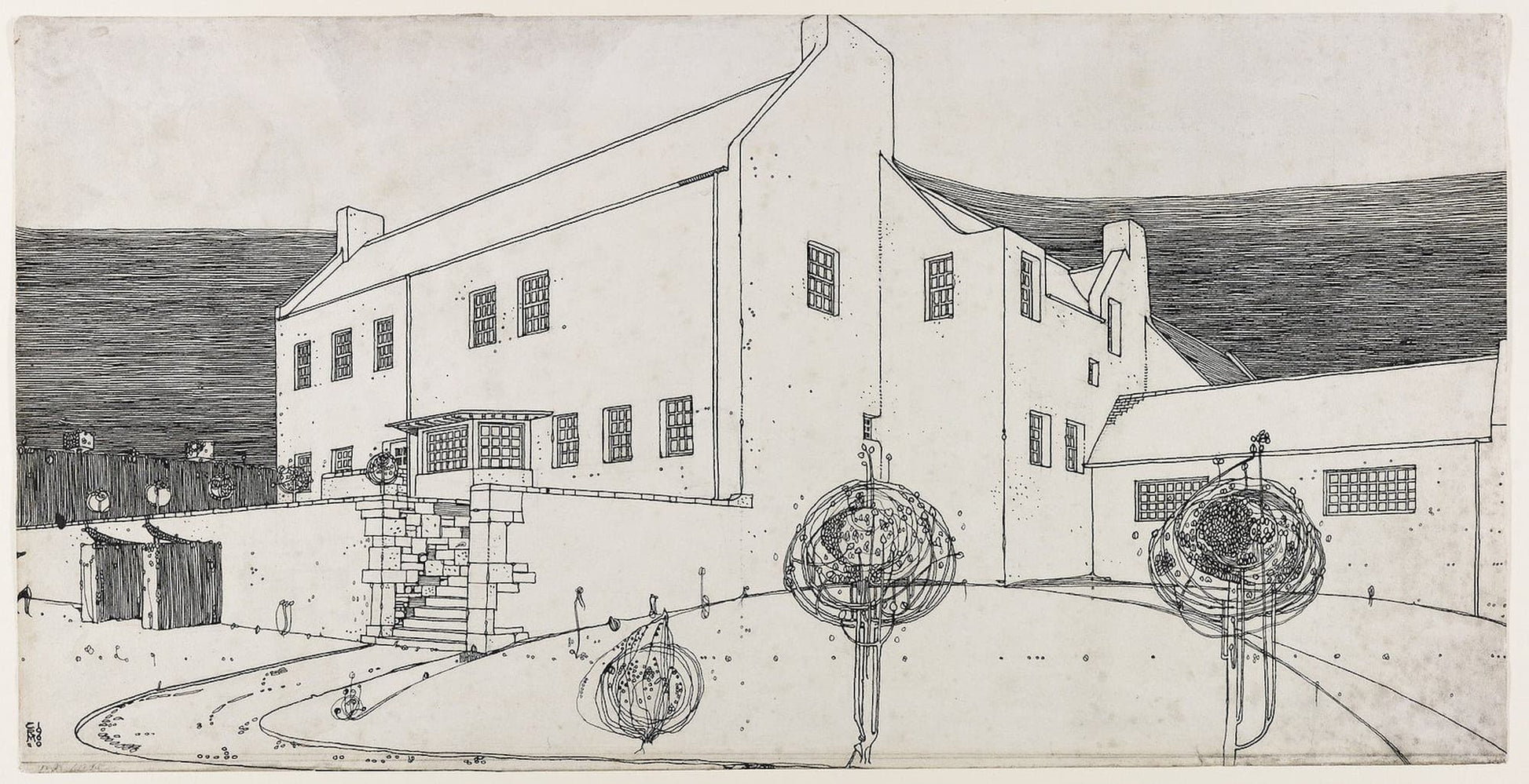 Black and white line drawing of a building with circular designs in front