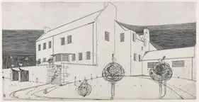 High quality Giclée reproduction of Charles Rennie Mackintosh's 1901 architectural drawing of Windyhill House, showing the Arts and Crafts exterior and stylized garden trees.
