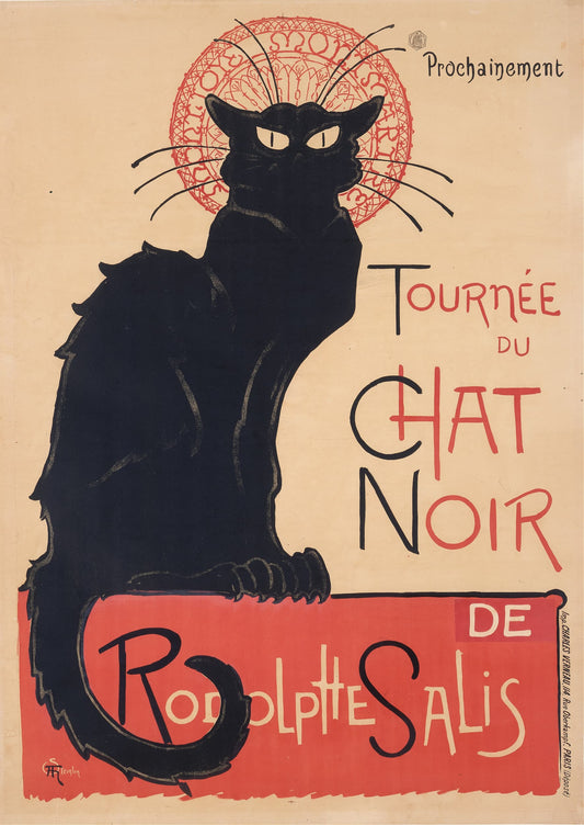 Vintage poster featuring a black cat with text about a theater tour, on a beige and red background.