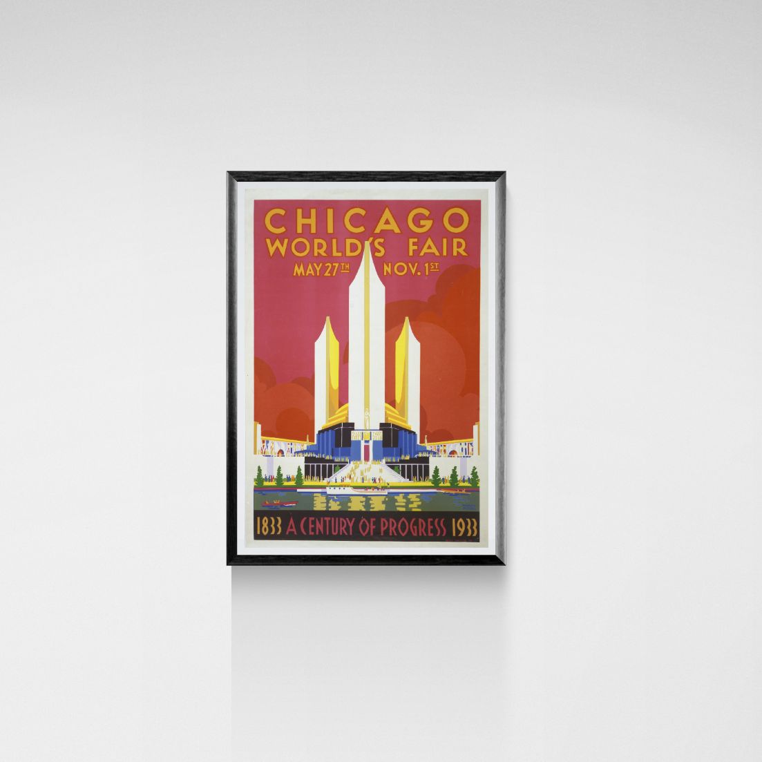 Framed poster of the Chicago World's Fair on a white wall