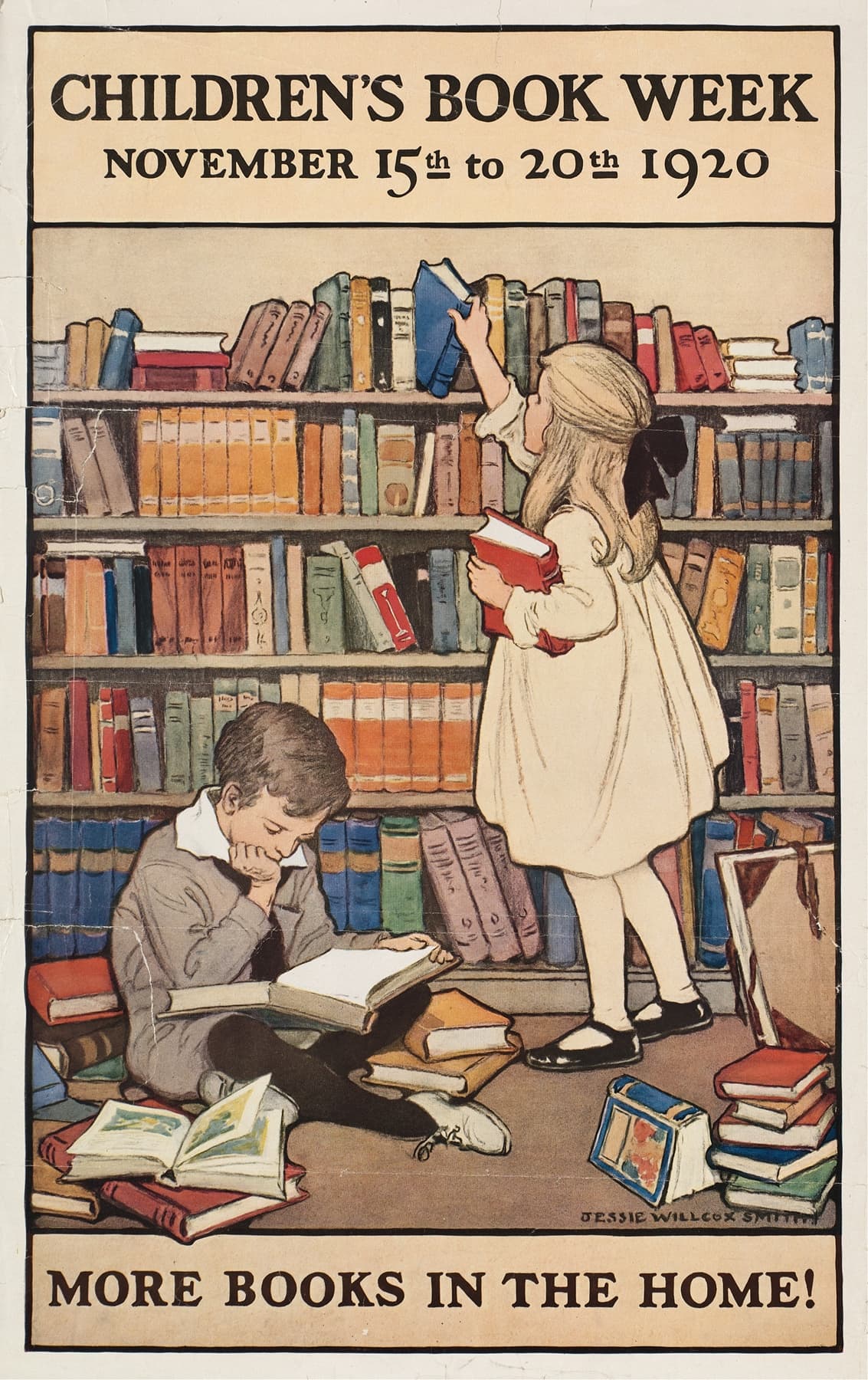 Poster for Children's Book Week 1920 featuring a boy and girl in a library with books.