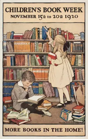 Poster for Children's Book Week featuring two children in a library with books.
