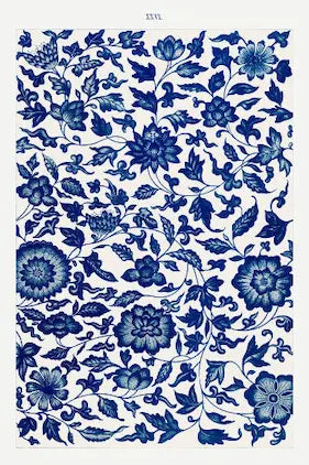 Traditional blue floral pattern on a white background