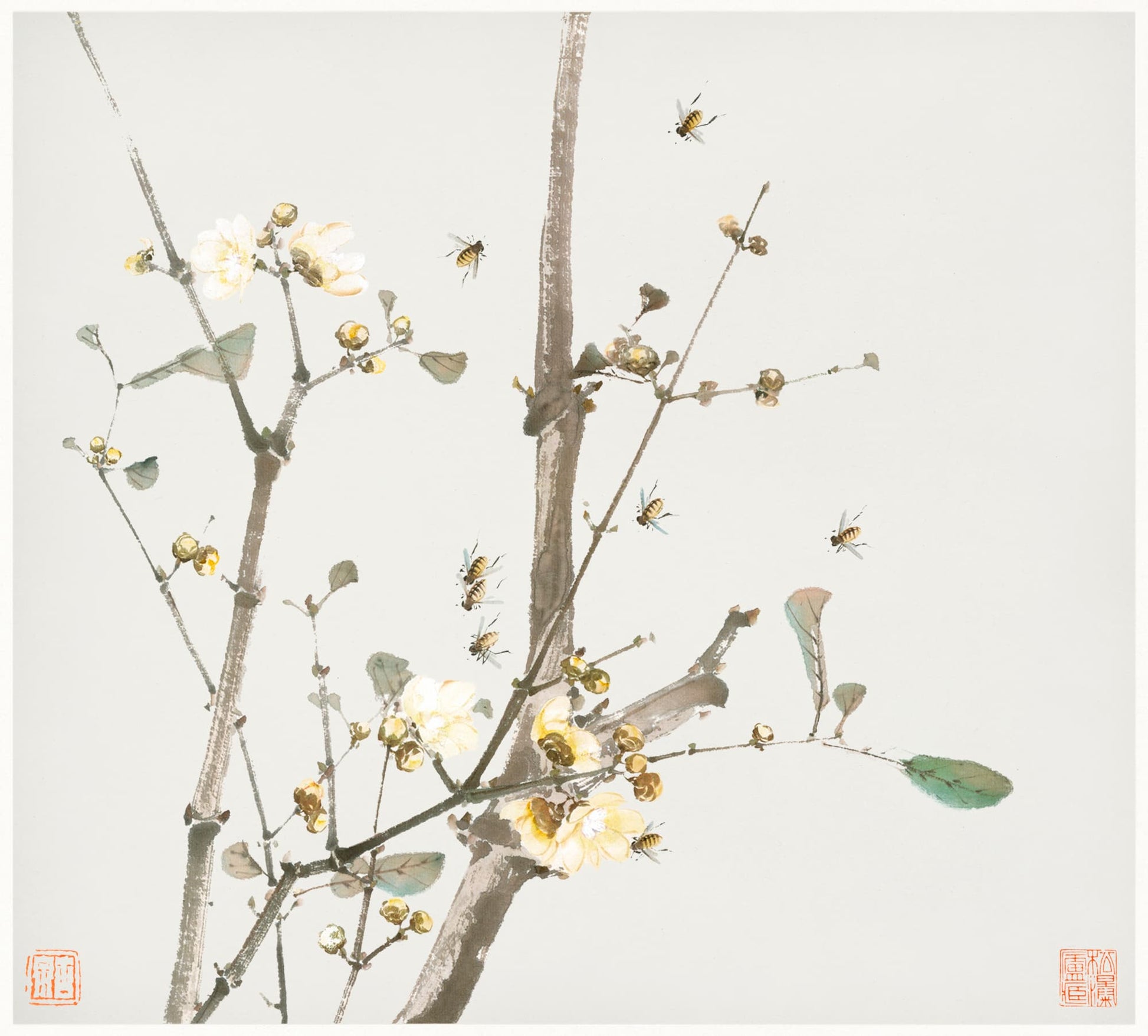 Artistic depiction of branches with small flowers and insects on a light gray background