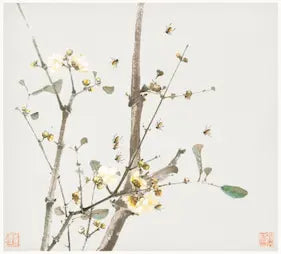 High-quality Giclée reproduction of a traditional Chinese ink painting (1800s) featuring delicate white flowers on slender branches with several detailed bees flying around them, set against a pale background, Asian botanical art.