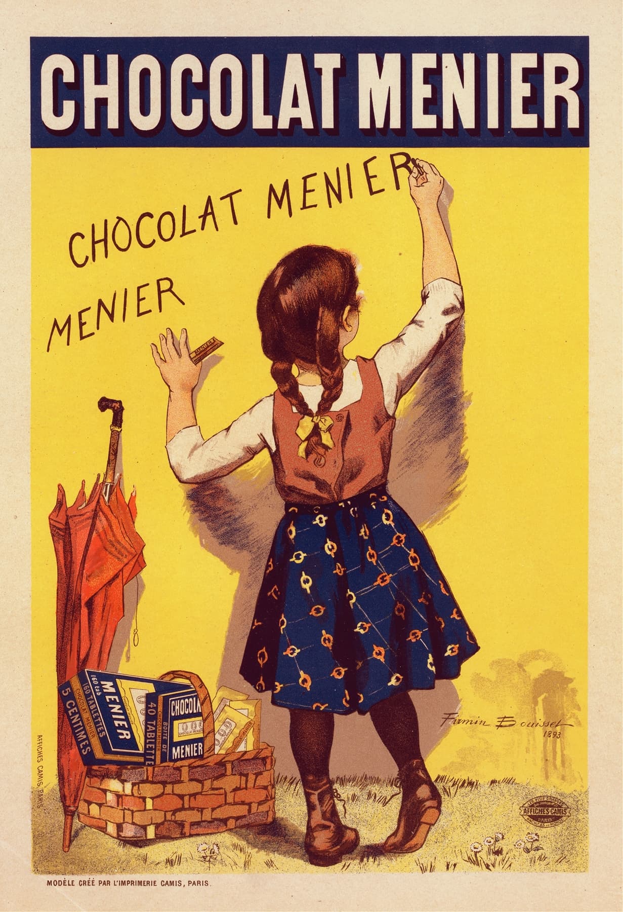 High-quality Giclée reproduction of the Chocolat Menier poster by Firmin Bouisset, showing a girl with pigtails writing on a bright yellow background, vintage French advertising.