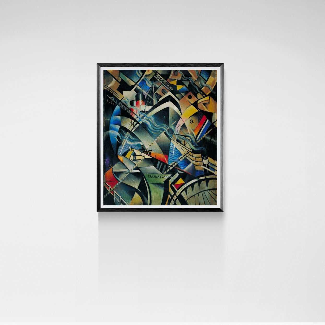 Framed abstract art piece on a white wall