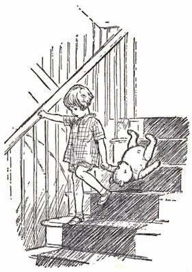 Illustration of Christopher Robin and Winnie the Pooh on a staircase