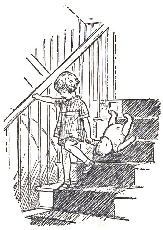 Illustration of a child standing on stairs with a teddy bear lying on the steps.
