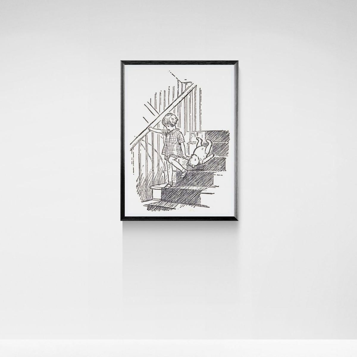 Framed black and white illustration of a person with a teddy bear on stairs against a white wall.