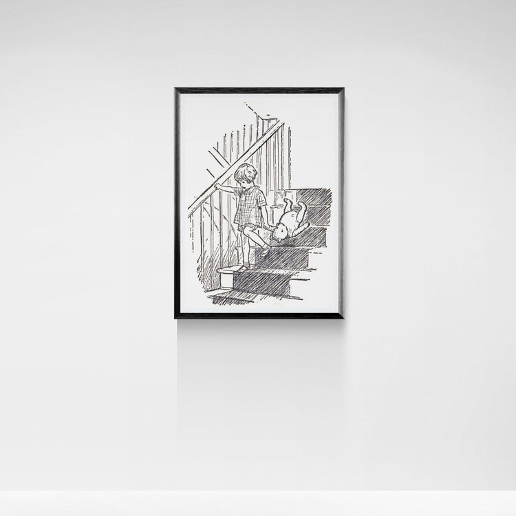 Framed black and white illustration of a person with a teddy bear on stairs against a white wall.