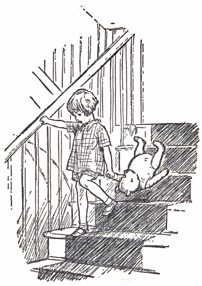 Illustration of a child standing on stairs with a dog lying on the steps.