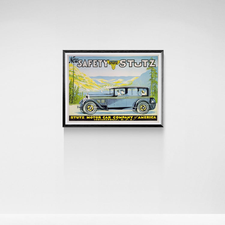 Framed vintage advertisement for Stutz motor car company on a white wall