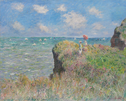 High-quality Giclée reproduction of Claude Monet's Impressionist oil painting 'Cliff Walk at Pourville,' showing a woman and child on a grassy cliff overlooking a choppy blue sea with sailboats, vintage 1882.