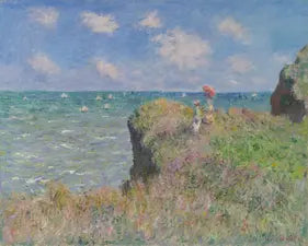 High-quality Giclée reproduction of Claude Monet's Impressionist oil painting 'Cliff Walk at Pourville,' showing a woman and child on a grassy cliff overlooking a choppy blue sea with sailboats, vintage 1882.