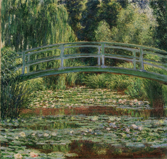 High-quality Giclée reproduction of Claude Monet's "The Japanese Footbridge," a green bridge over a pond full of water lilies and willows, Impressionist landscape, 1899.