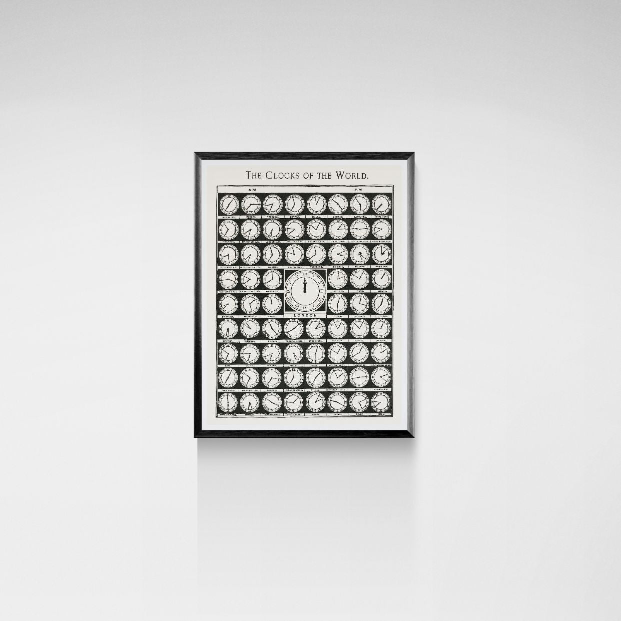 Framed poster of 'The Clocks of The World' on a white background