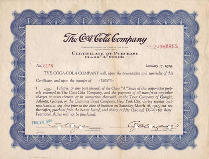 Old Coca Cola Share Certificate print (1920s)