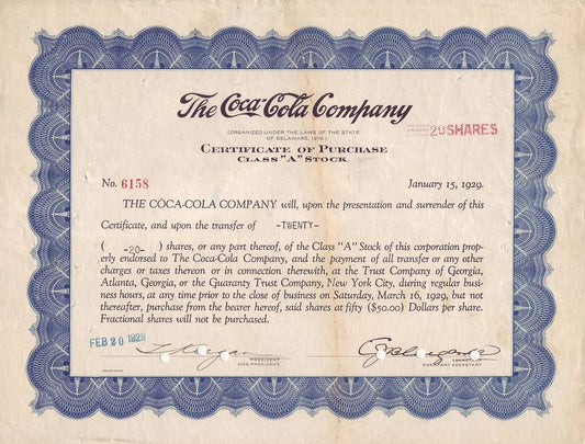 Old Coca Cola Share Certificate print (1920s) Posters, Prints, & Visual Artwork The Trumpet Shop   