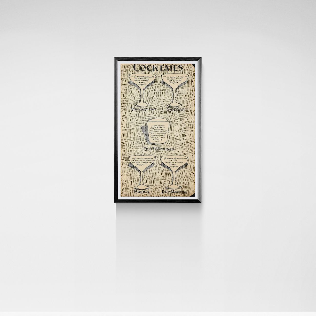 Framed poster of cocktail illustrations and text on a white wall